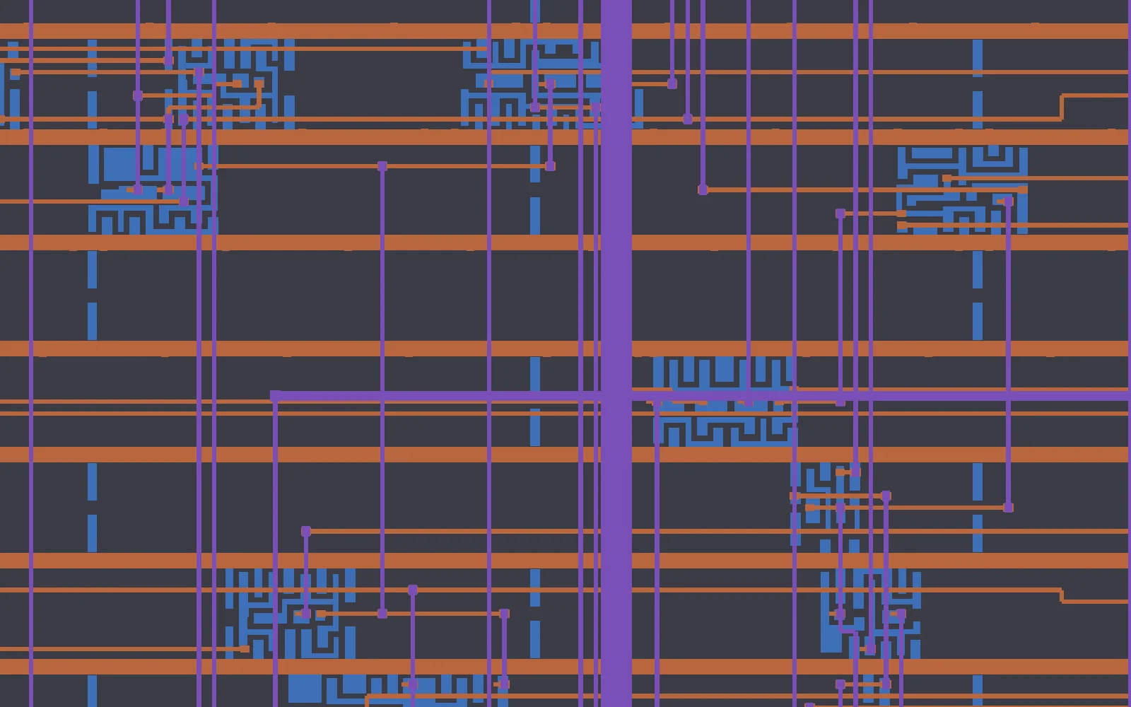Close-up of sky130 standard cells in blue, crossed by orange metal2 and purple metal3 routing with vias.