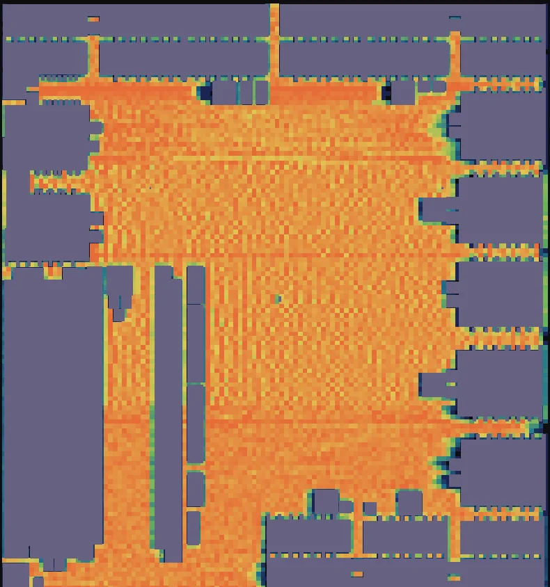 The superblue16 die: an orange density map of 680,869 cells around dozens of purple macro blocks.