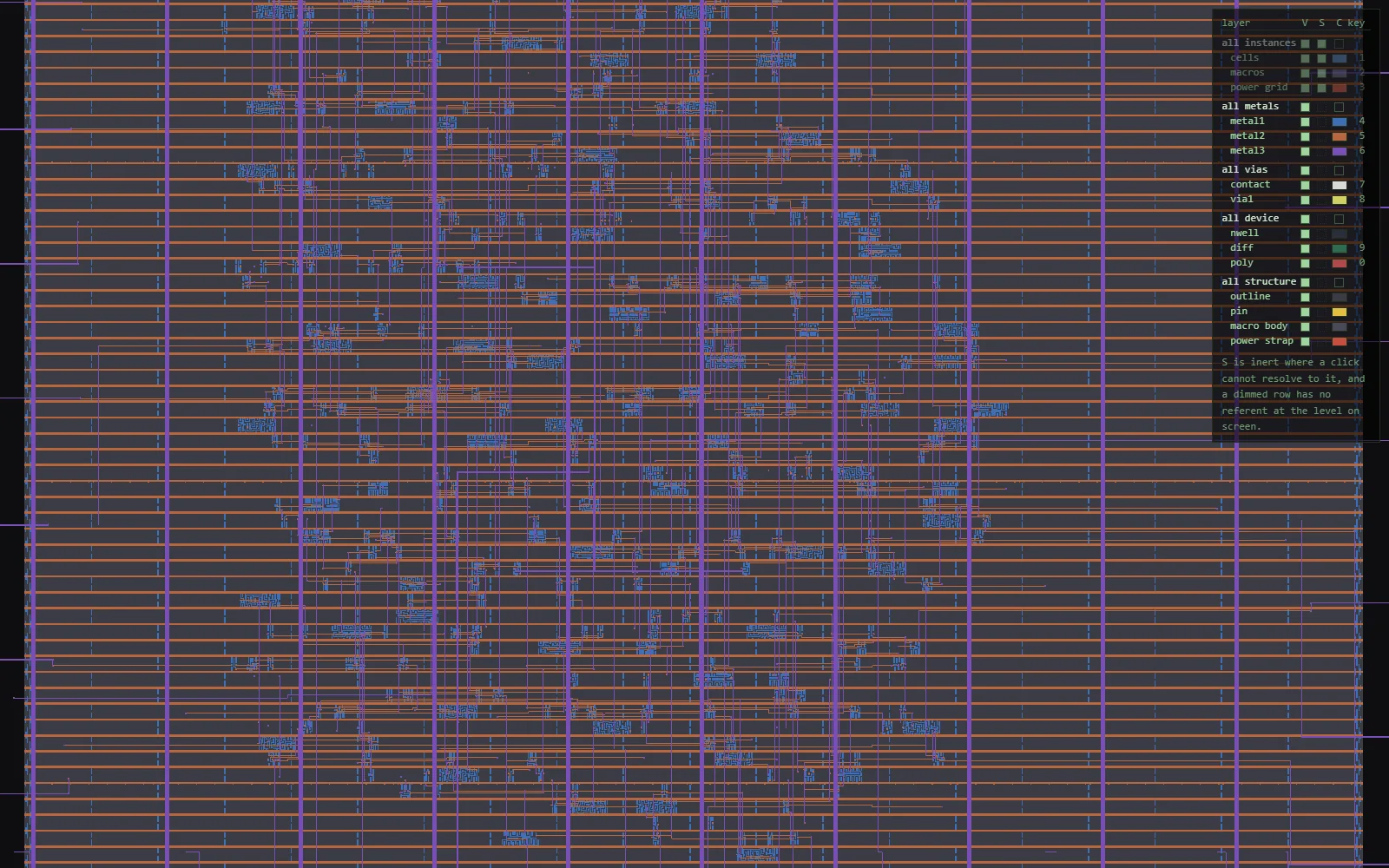 The Manhattan viewer showing the routed sky130 gcd design: rows of standard cells in blue, metal2 routing in orange, metal3 in purple, with the layer panel open on the right.