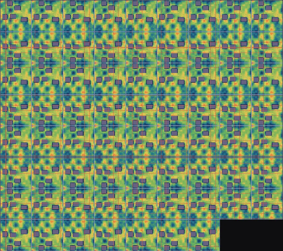 The full synthetic chip: a 9 by 8 grid of 70 identical blocks, each shown as a density map with macros.