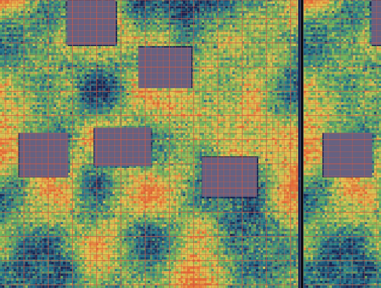 One block at far zoom: a density heat map with purple macros and a red power grid.