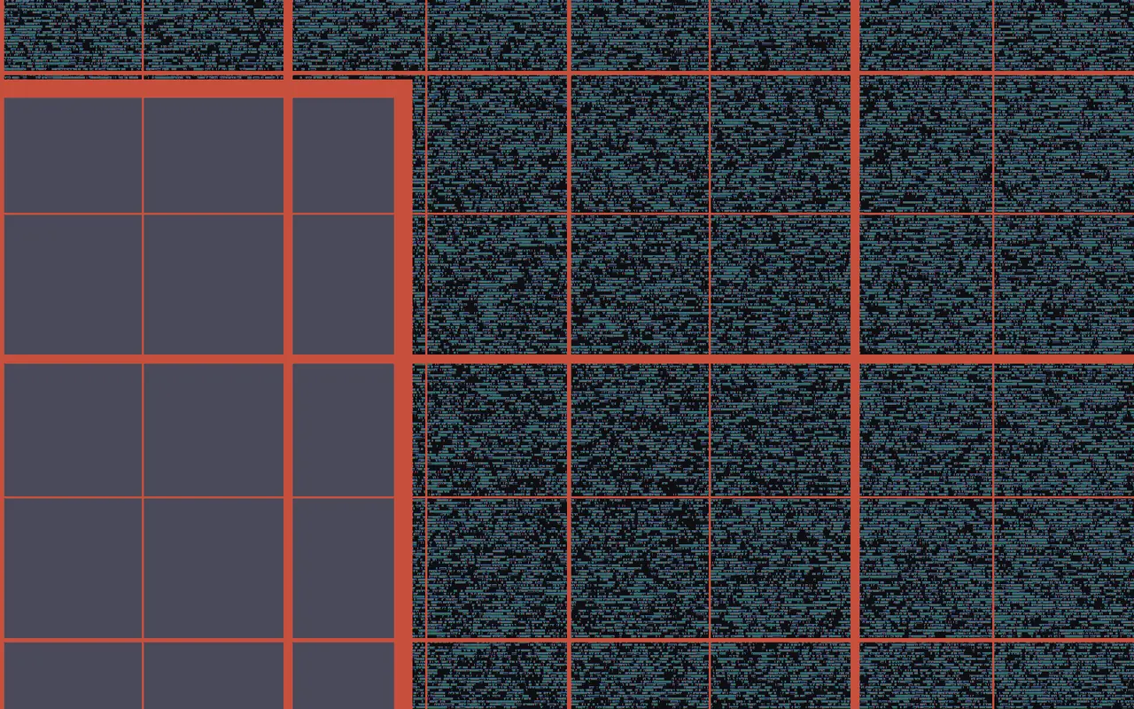 Mid zoom: thousands of individual cell outlines in rows, with a macro and power straps.