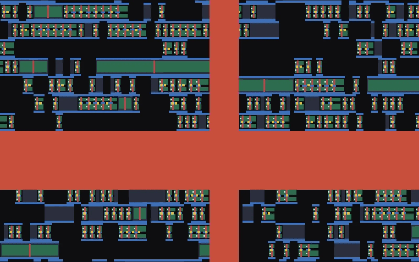 Deep zoom: individual cells with diffusion, poly, contacts and pins, between power rails and straps.